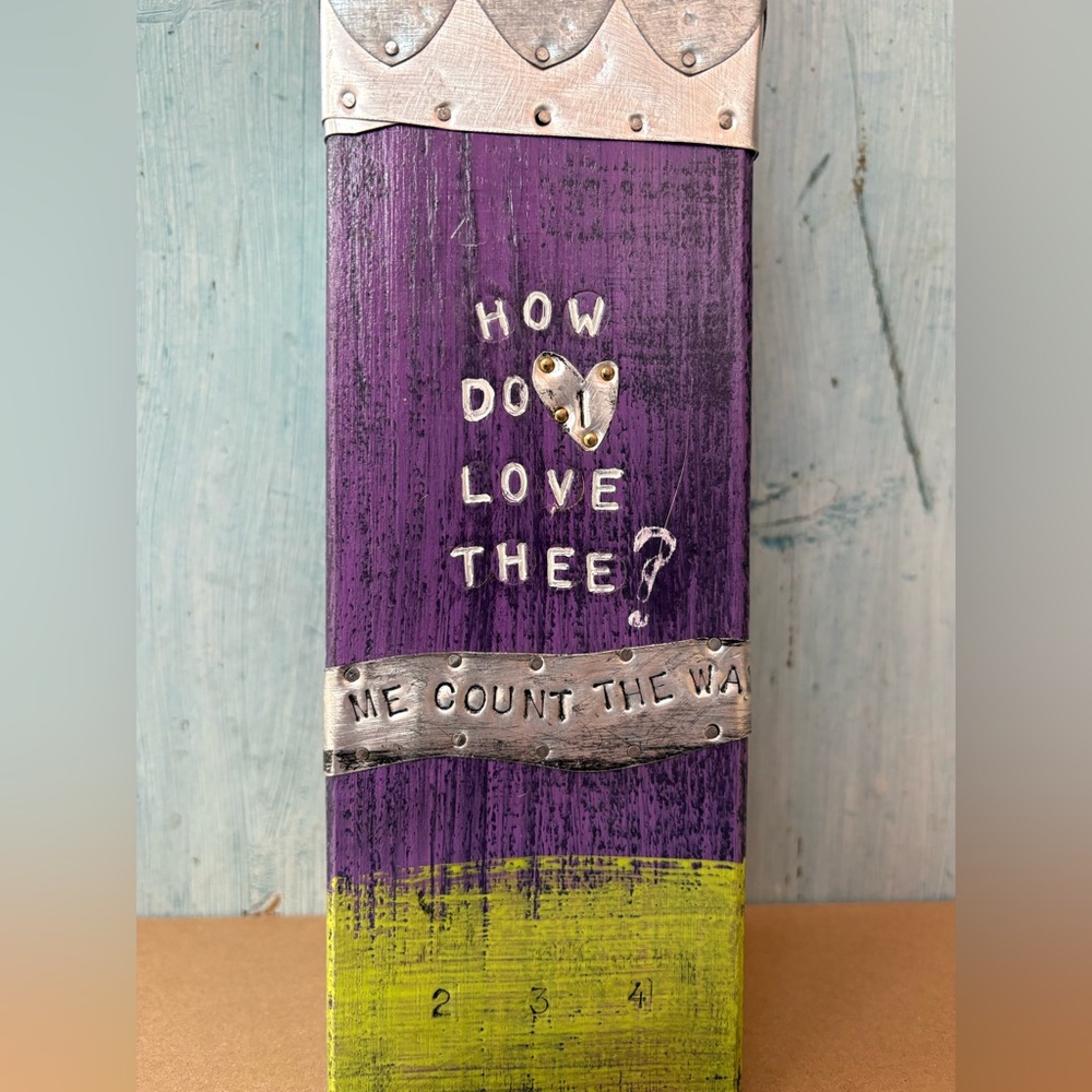 Artisan-Made Purple and Green Wood & Tin Decorative Candle Holder with Saying